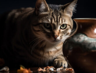 cat sitting with dry food for sensitive stomach